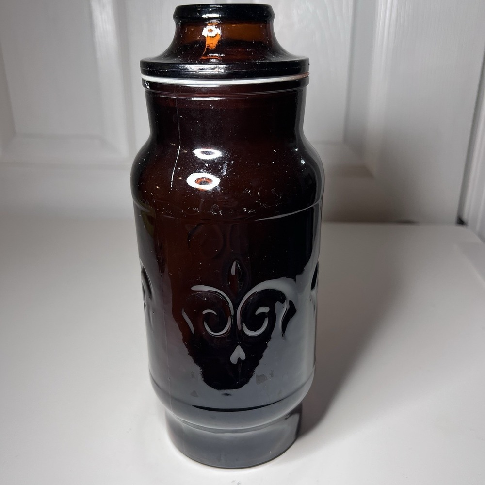 Vtg 1970's Borden Cremora Amber Glass Canister Apothecary Jar Fleur Di Lis‎ 9"